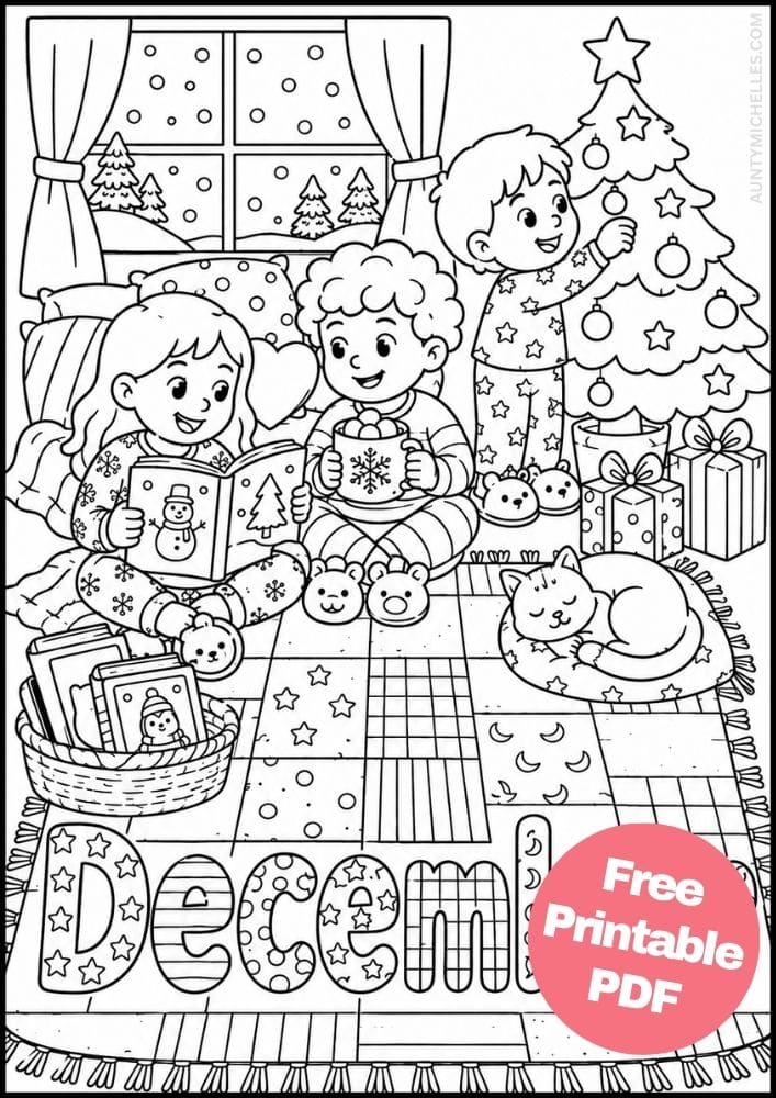 Cozy December pajama coloring page with three children reading, drinking cocoa, decorating a tree, and relaxing with a cat.