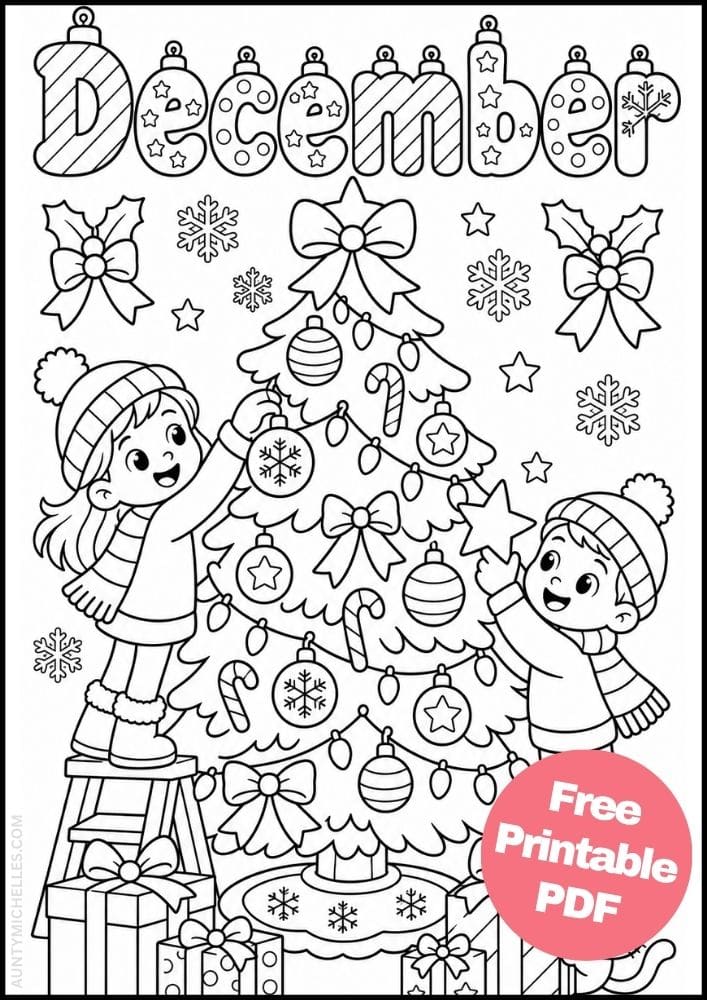 December Christmas tree coloring page with two children hanging ornaments, wrapped presents, bows, candy canes, and a cat.