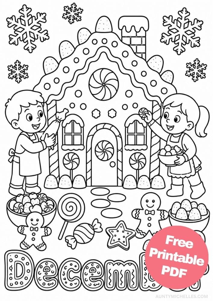 December gingerbread house coloring page with two children decorating cookies, candies, lollipops, and snowy icing.