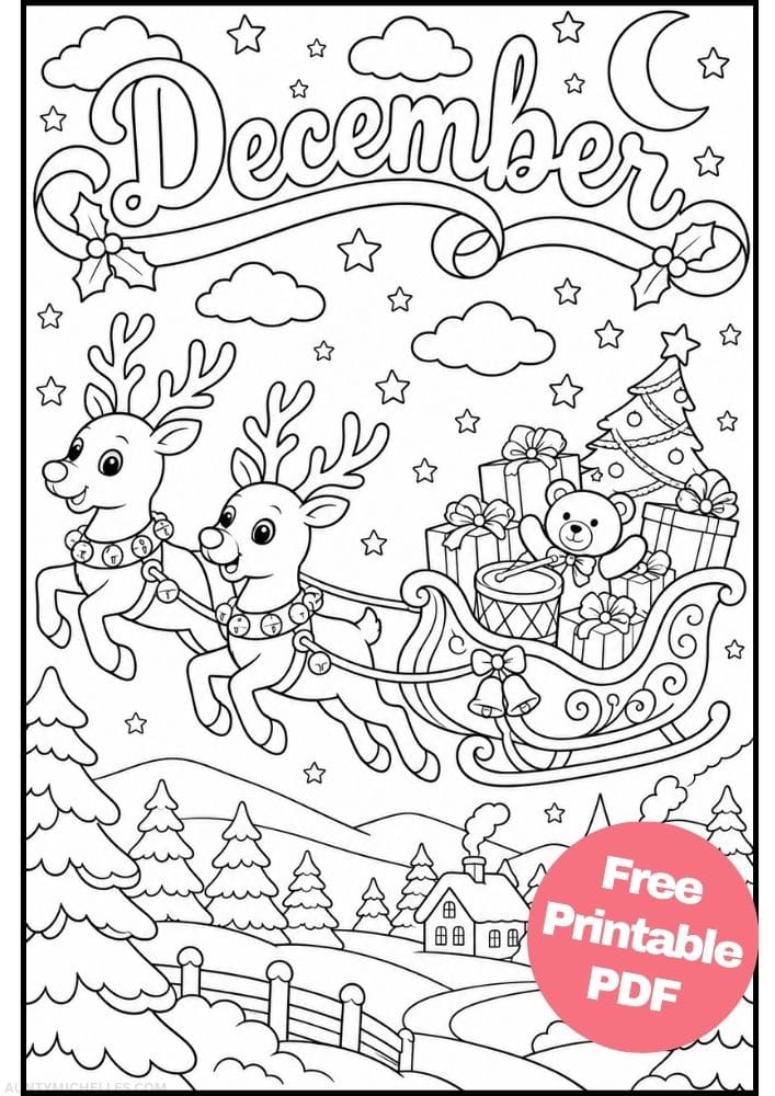 December reindeer sleigh coloring page with Christmas presents, a teddy bear, toy drum, snowy village, and winter moon.