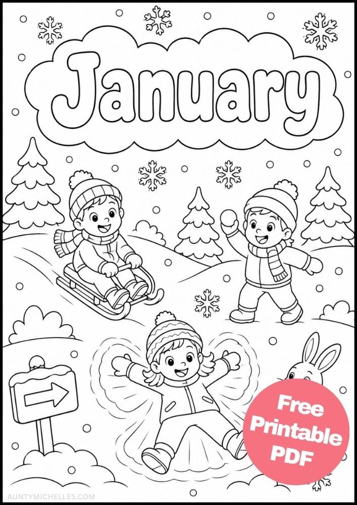 Three children sledding, making a snow angel, and playing with a snowball on a January snow day.
