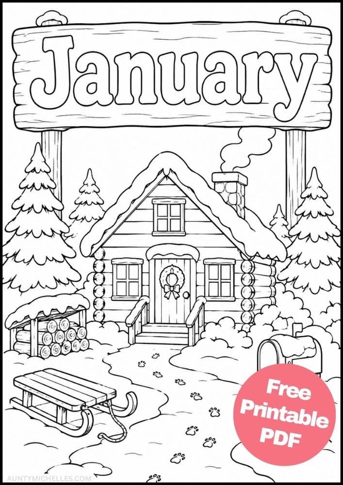 Cozy log cabin surrounded by snowy pine trees with a sled, firewood, mailbox, and animal tracks.
