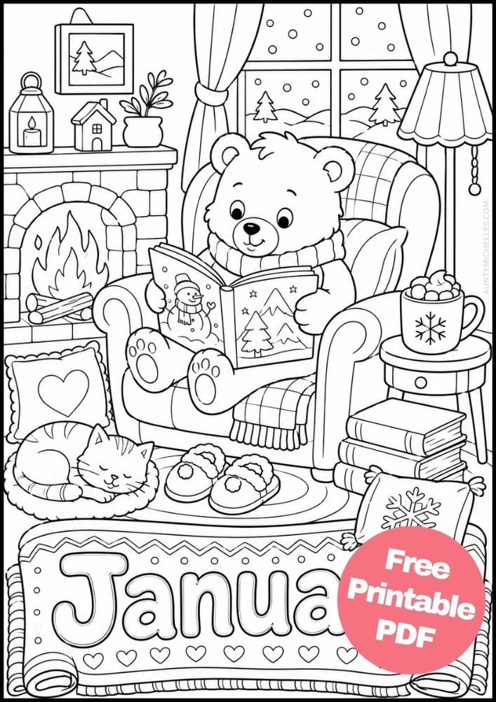 Bear cub reading a winter picture book beside a fireplace with cocoa and a sleeping cat.