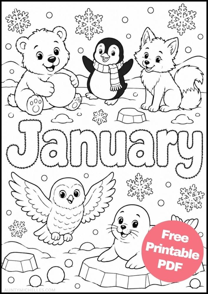 Cute polar bear, penguin, arctic fox, snowy owl, and seal playing in a winter landscape.