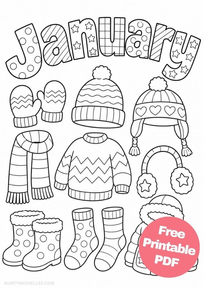 Collection of patterned winter clothes including hats, mittens, scarf, sweater, boots, socks, coat, and earmuffs.