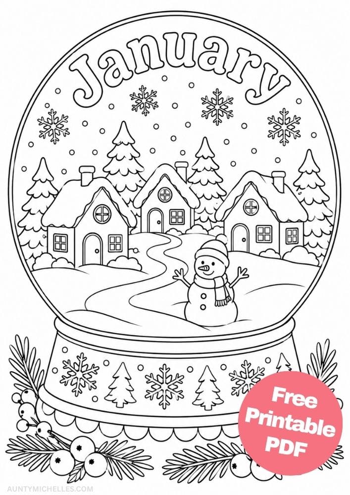 January snow globe containing a tiny snowy village, pine trees, winding path, and smiling snowman.