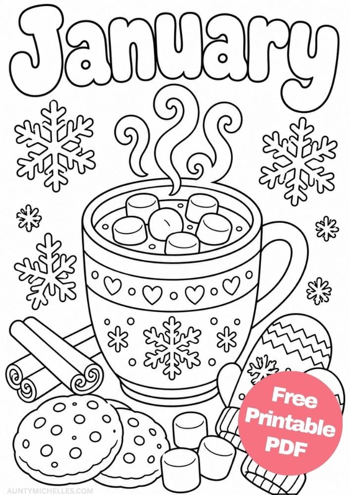 Large mug of hot cocoa with marshmallows, cookies, cinnamon sticks, mittens, and snowflakes.