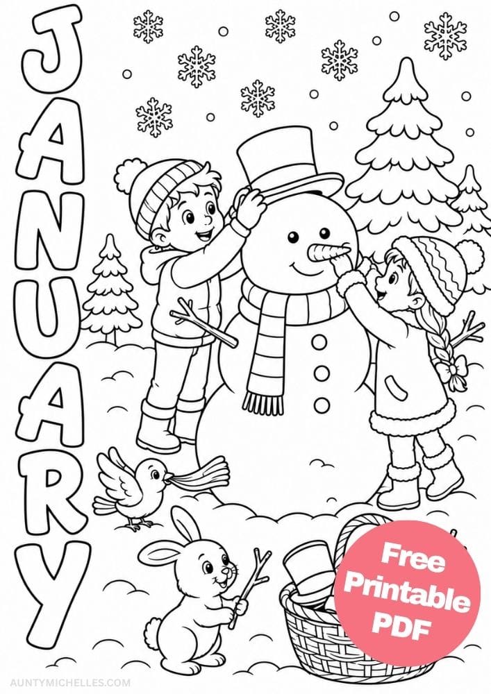 Two children building a large snowman with help from a bird and rabbit in a snowy January scene.
