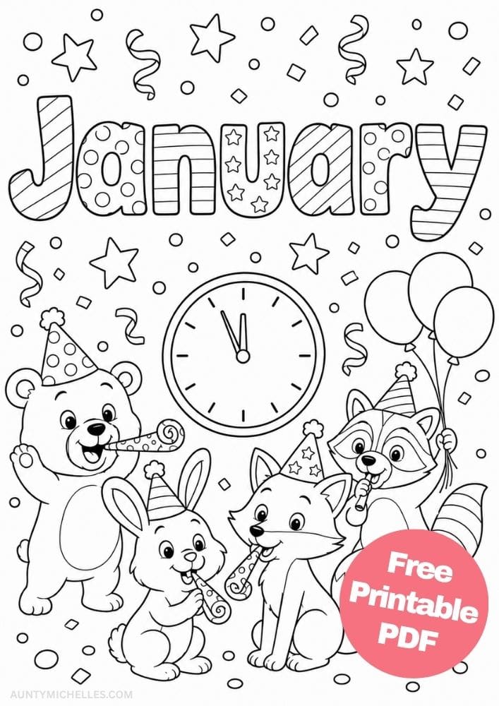 Woodland animals celebrating the New Year with party hats, balloons, horns, confetti, and a clock.