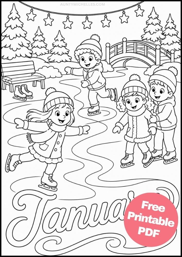 Four children ice-skating together on a frozen pond surrounded by snowy trees and star lights.