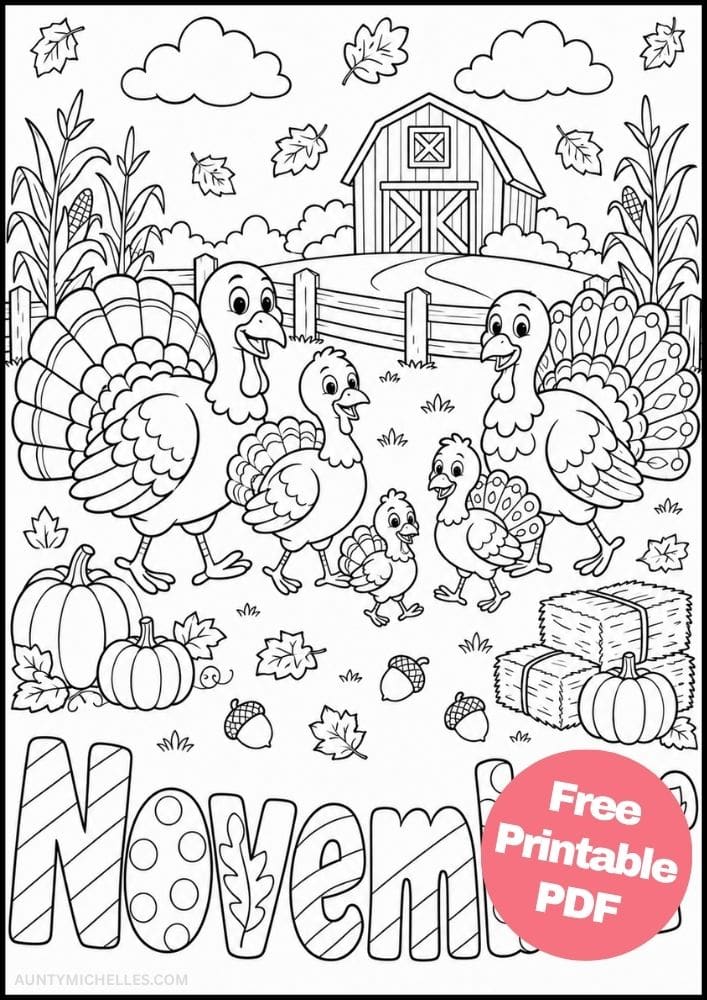 November coloring page featuring a turkey family walking through an autumn farm.