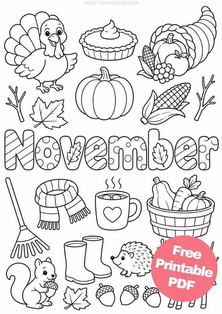 November coloring page with autumn icons, woodland animals, harvest foods, and cozy clothing.
