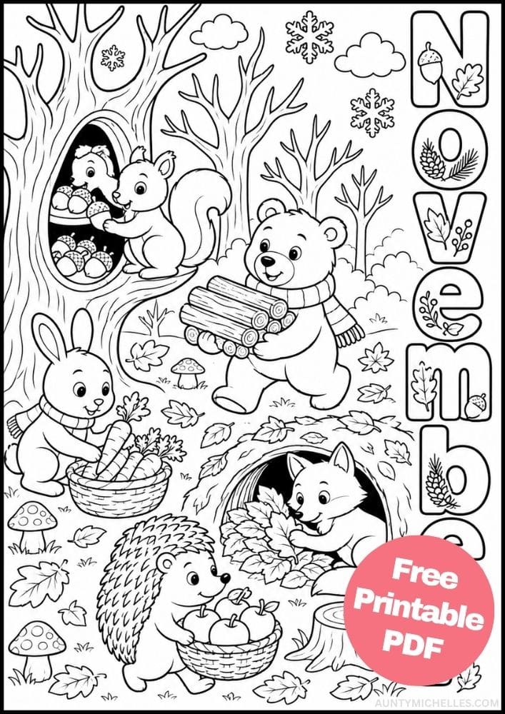 Woodland animals gathering food, firewood, and leaves for winter on a November coloring page.