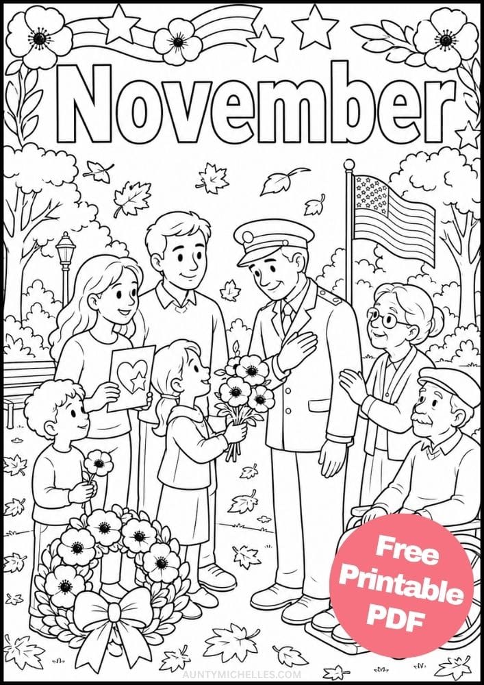 Family thanking a veteran with flowers in an autumn park on a November coloring page for Veteran's Day.