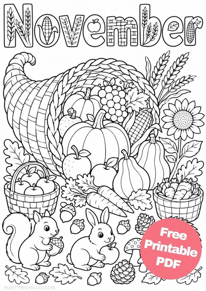 Large harvest cornucopia surrounded by vegetables, fruit, and woodland animals.