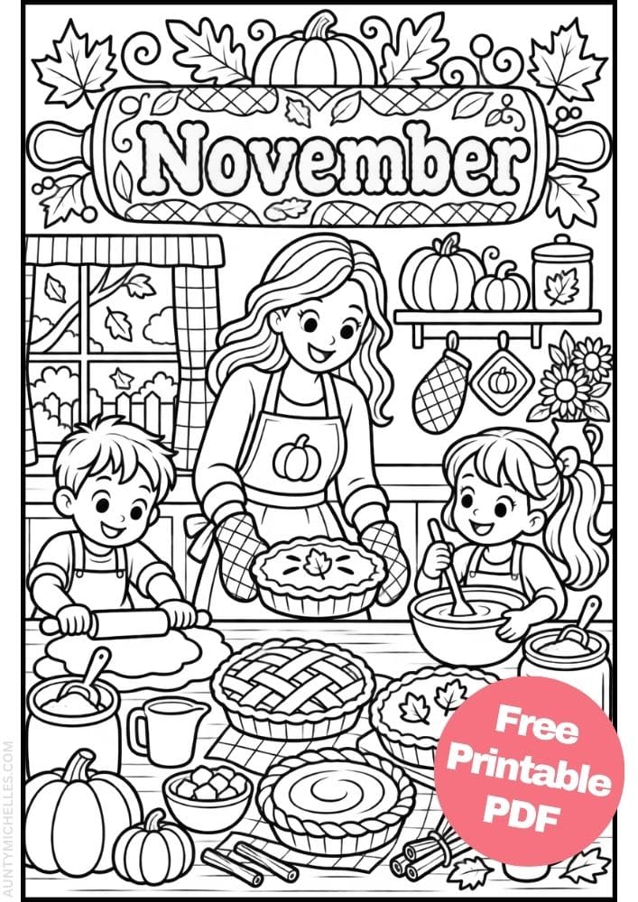 Adult and two children baking pumpkin pies together in a November kitchen scene.