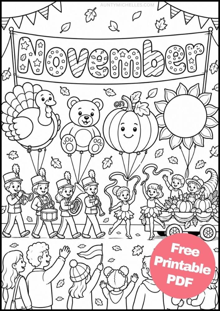 November parade with character balloons, marching musicians, dancers, and a harvest float.