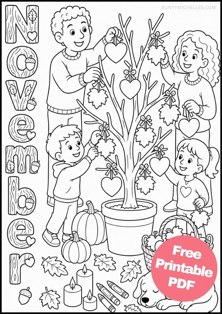 Family hanging heart and leaf decorations on a November gratitude tree.