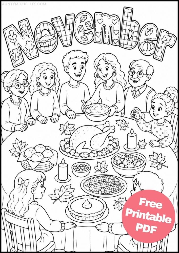 Multigenerational family gathered around a Thanksgiving dinner table in November.