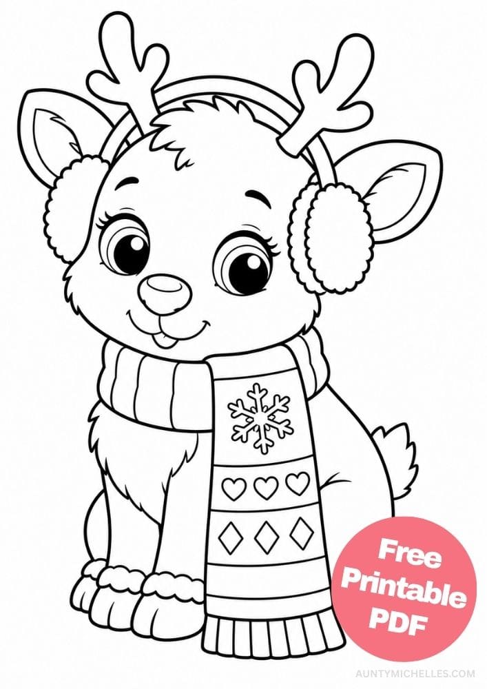 Cute seated reindeer coloring page with fluffy earmuffs and a patterned winter scarf.