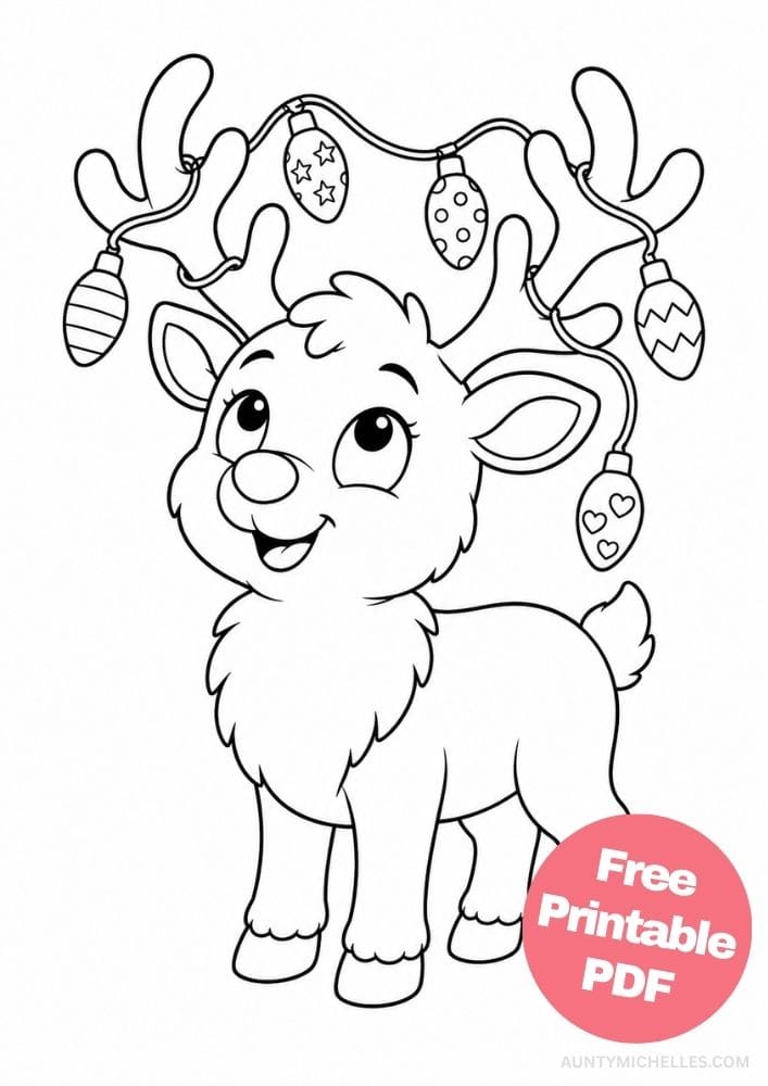 Cheerful reindeer coloring page with patterned Christmas lights wrapped around its antlers.