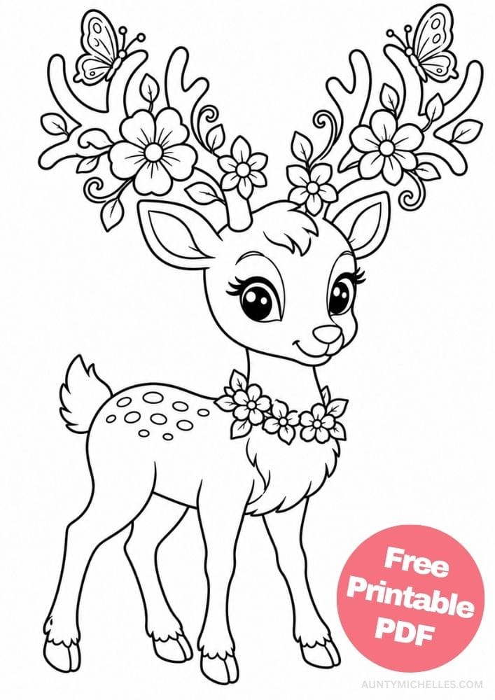 Graceful reindeer coloring page with flowers, leaves, vines, and butterflies decorating her antlers.