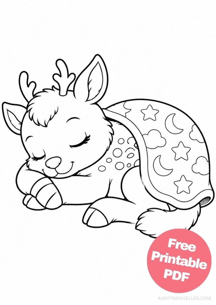 Sleeping baby reindeer coloring page curled beneath a moon and star patterned blanket.