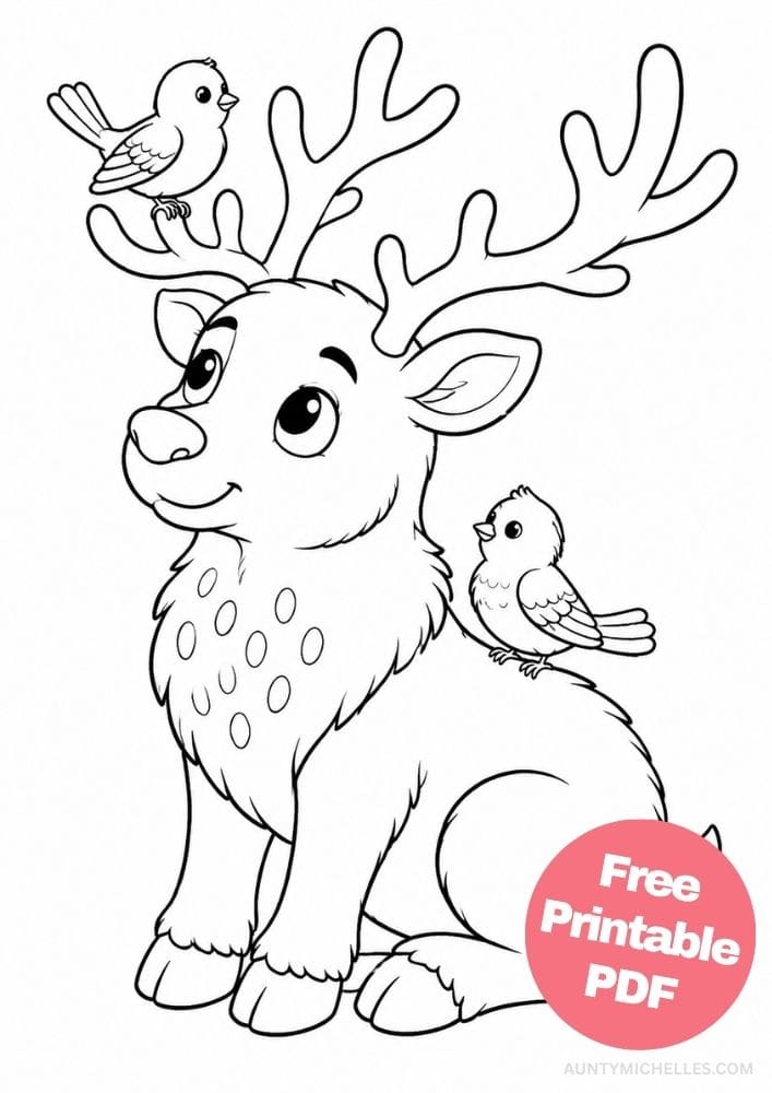 Gentle seated reindeer coloring page with one bird on its antlers and another on its back.