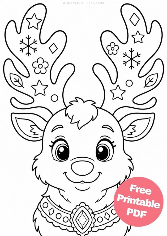 Close-up reindeer coloring page with large antlers decorated with simple flowers, stars, and snowflakes.