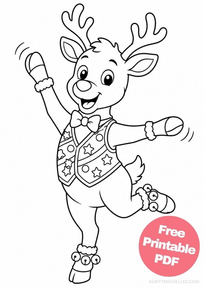 Dancing reindeer coloring page wearing a patterned waistcoat, bow tie, and ankle bells.