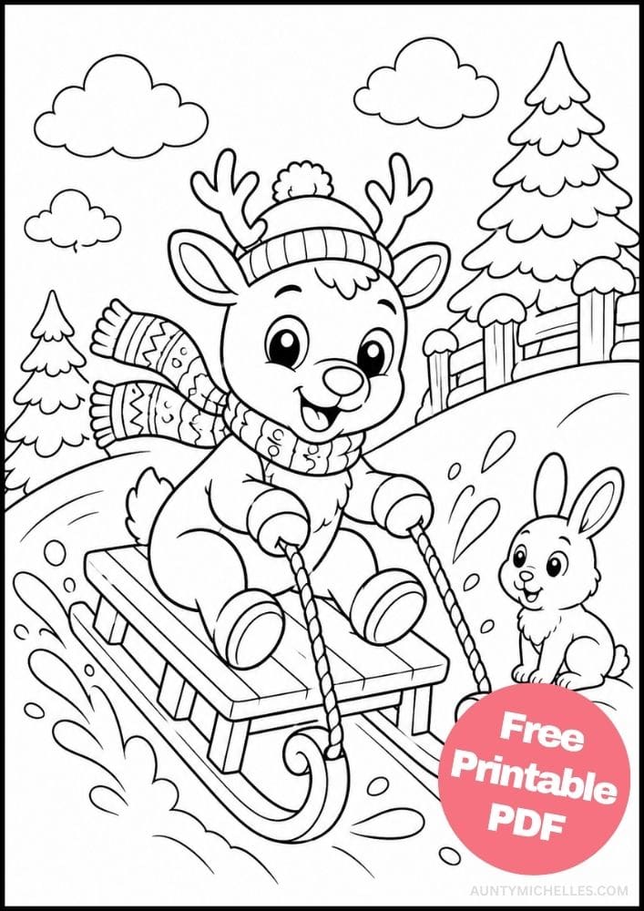 Playful reindeer coloring page riding a wooden sled down a snowy hill beside a rabbit.