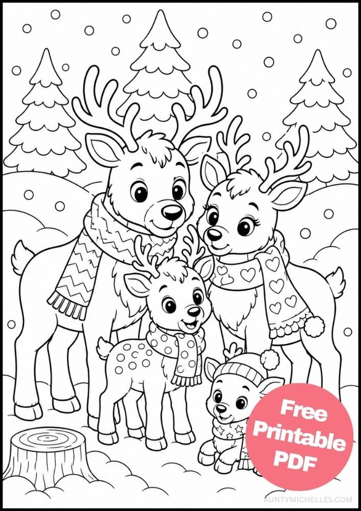 Reindeer family coloring page with two parents and two calves cuddling in a snowy forest.