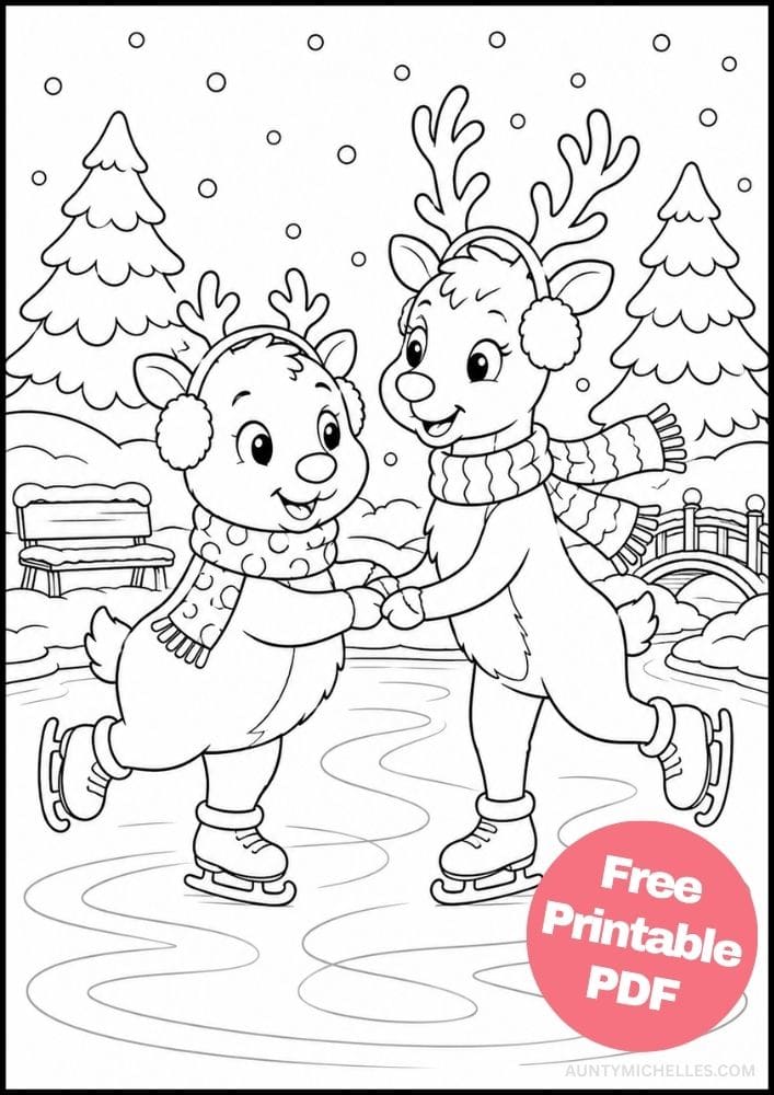 Two reindeer ice-skating together on a frozen pond in a snowy winter scene.