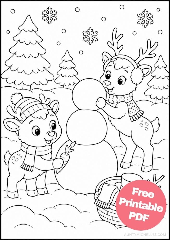 Two reindeer building a snowman together with a basket of winter accessories nearby.