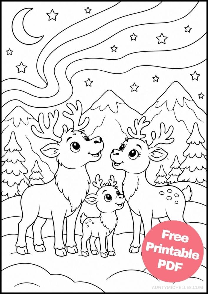 Reindeer family coloring page beneath flowing northern lights, stars, mountains, and a crescent moon.