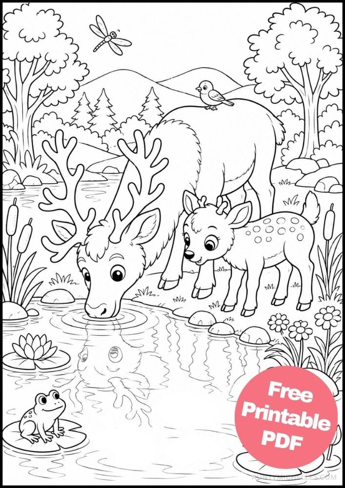 Adult reindeer and calf coloring page beside a woodland lake with frogs, fish, and flowers.
