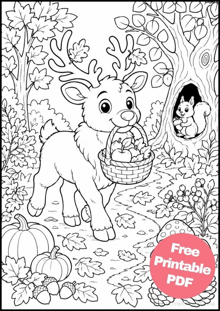 Reindeer coloring page carrying a basket through an autumn woodland filled with pumpkins and leaves.