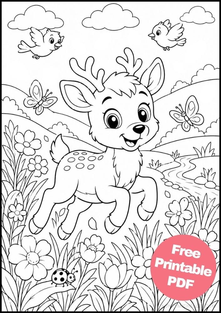 Happy young reindeer coloring page running through a spring meadow with flowers and butterflies.