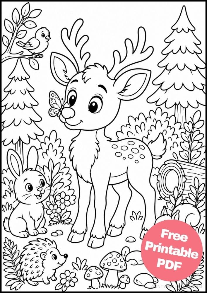 Young reindeer coloring page in a forest with a rabbit, hedgehog, squirrel, bird, and butterfly.