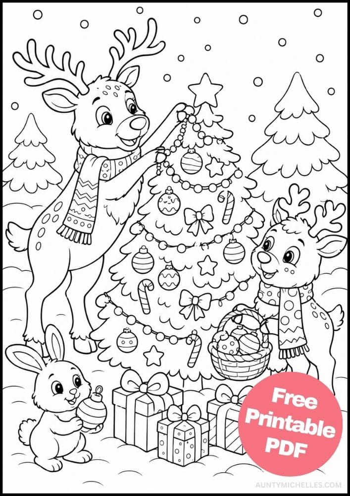 Two reindeer decorating an outdoor Christmas tree with ornaments, garland, and lights.