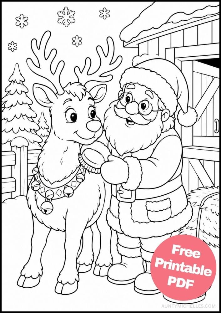 Santa brushing a friendly reindeer beside a snowy stable with a bucket and hay bale.