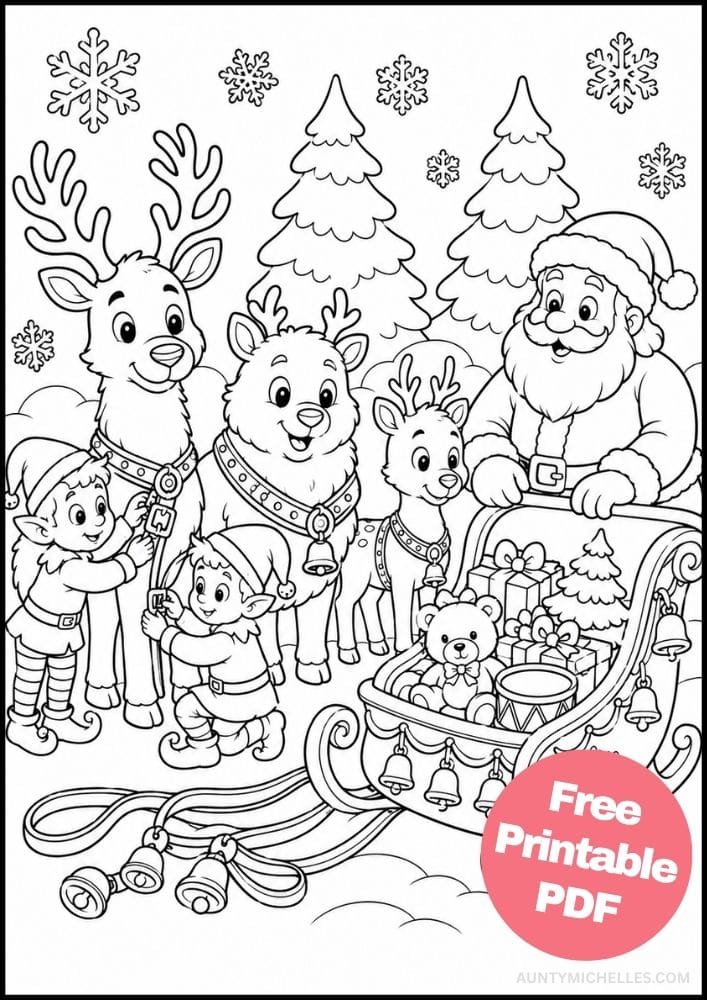 Santa and two elves preparing three reindeer and a gift-filled sleigh for Christmas.