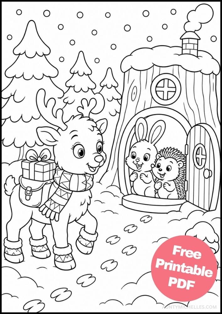 Little reindeer delivering a Christmas present to a rabbit and hedgehog in a snowy stump home.