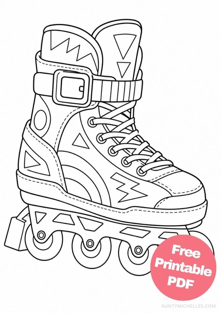 Retro inline rollerblade coloring page with four wheels, laces, a buckle, and geometric patterns.