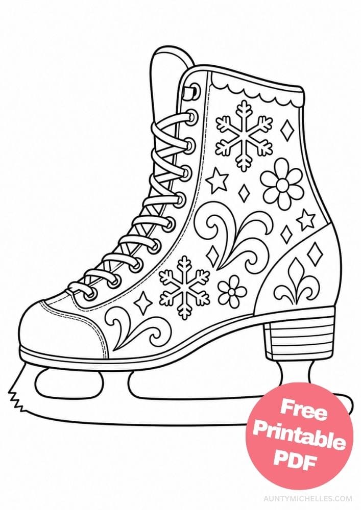 Figure ice skate coloring page decorated with snowflakes, flowers, stars, and curling frost patterns.