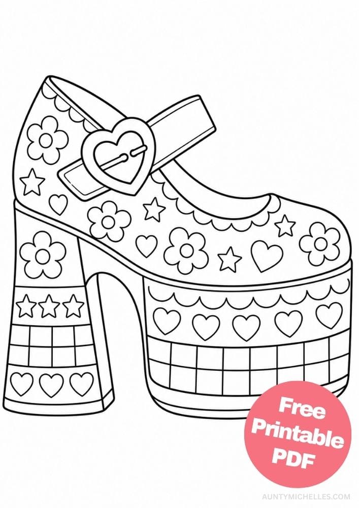 Chunky Mary Jane shoe coloring page with a heart buckle, flowers, stars, and checkerboard panels.