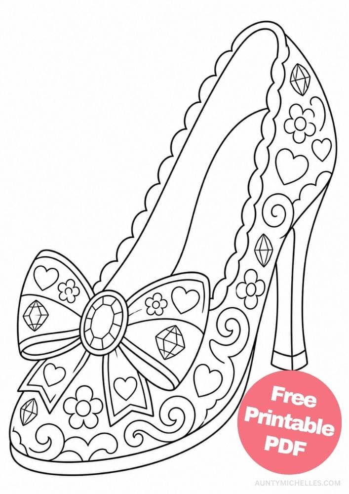 Elegant pump heel coloring page with a large jeweled bow, hearts, flowers, and scalloped trim.