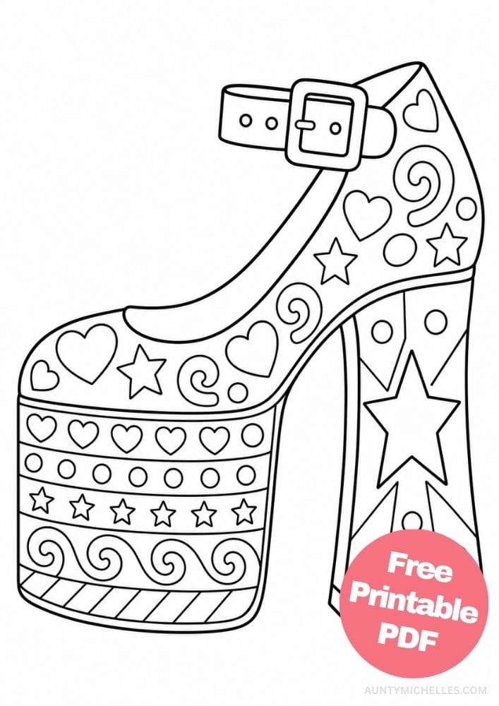 Dramatic platform heel coloring page covered with hearts, stars, circles, stripes, and swirls.