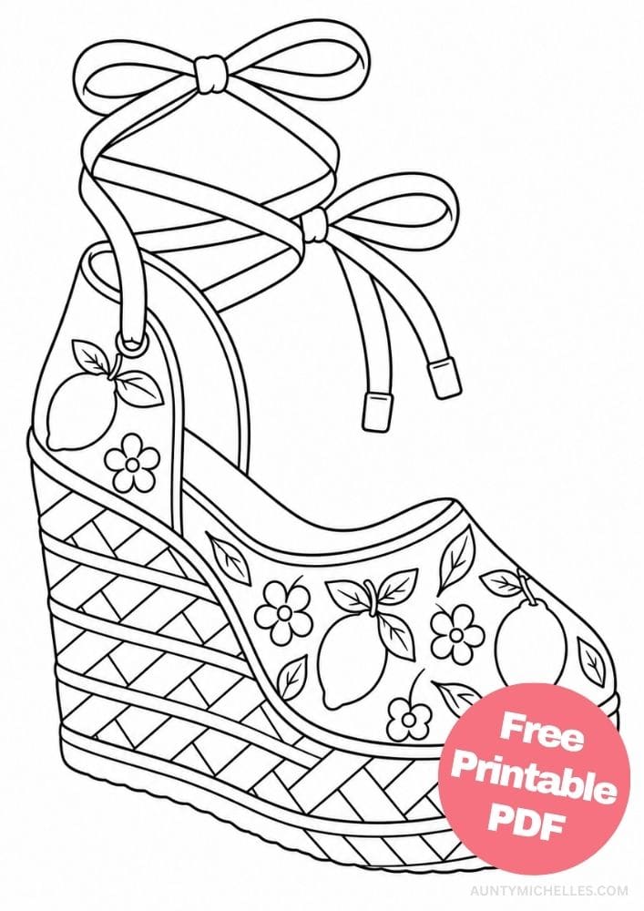 Espadrille wedge coloring page with ankle ties, woven sections, lemons, flowers, and leaves.