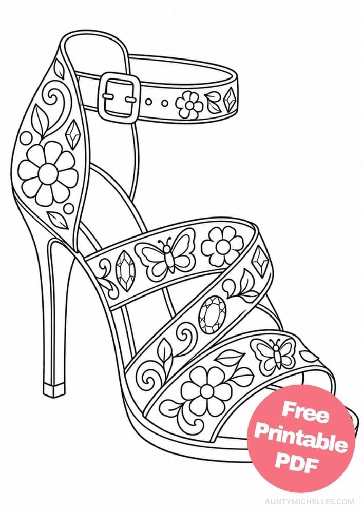 Strappy high-heeled sandal coloring page decorated with butterflies, flowers, leaves, and jewels.
